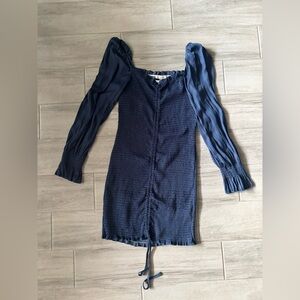 Navy Blue Long Puffy Sleeve Scrunch Dress, NWT